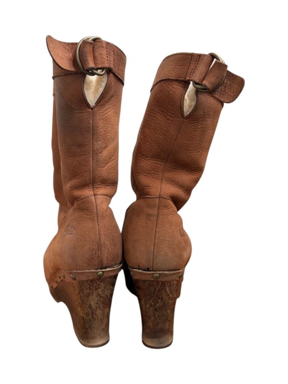 UGG Womens 9 Carnegie Brown Suede Leather Shearling Lined Wedge Heeled Boots - Picture 9 of 12